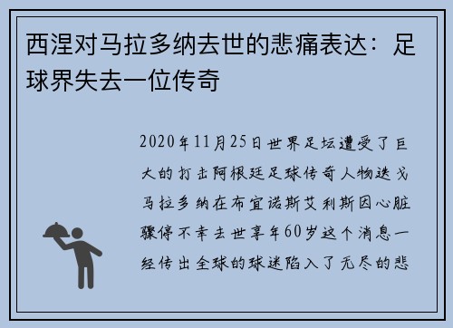 西涅对马拉多纳去世的悲痛表达：足球界失去一位传奇