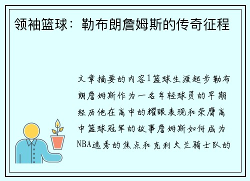 领袖篮球：勒布朗詹姆斯的传奇征程