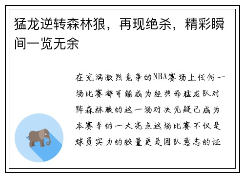 猛龙逆转森林狼，再现绝杀，精彩瞬间一览无余